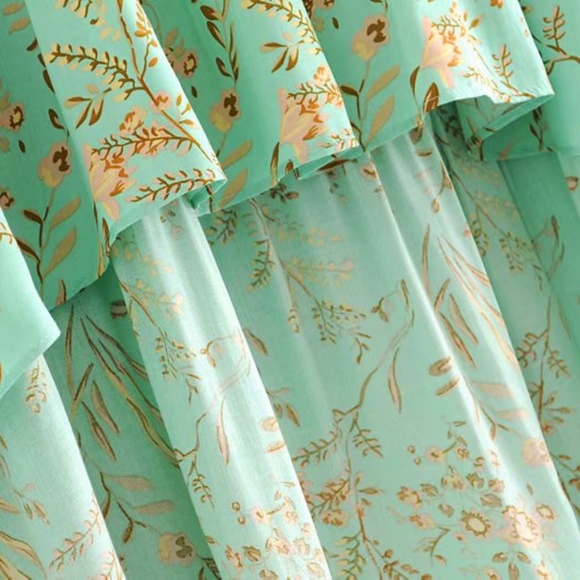Boho Mint Green Floral Print Ruffle Crop Top Maxi Skirt Set - Picture 10 of 12